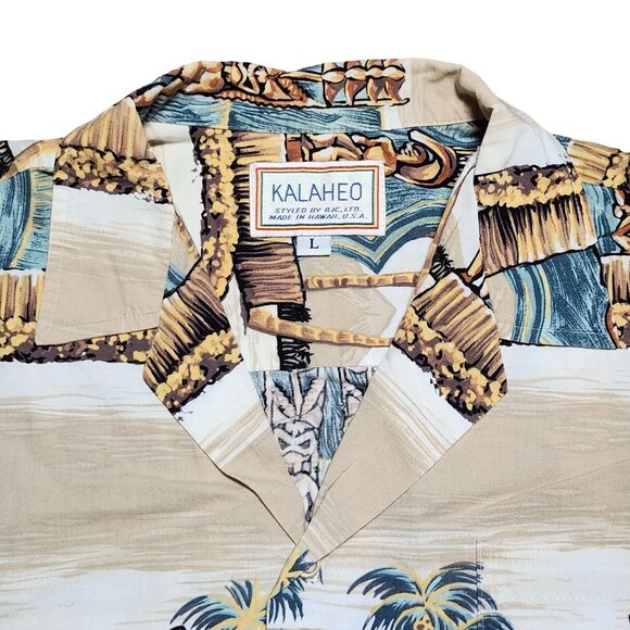 Kalaheo RJC Hawaiian Aloha Shirt Tiki Gods Button Up Large Tan Beige - Picture 3 of 6
